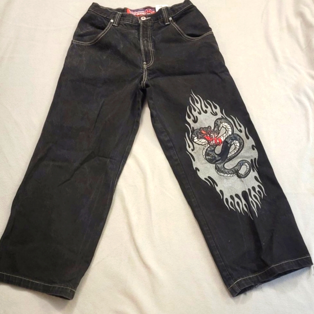 JNCO Snake Skulls Decal Jeans Mens 32 Waist Measured 90's Vintage